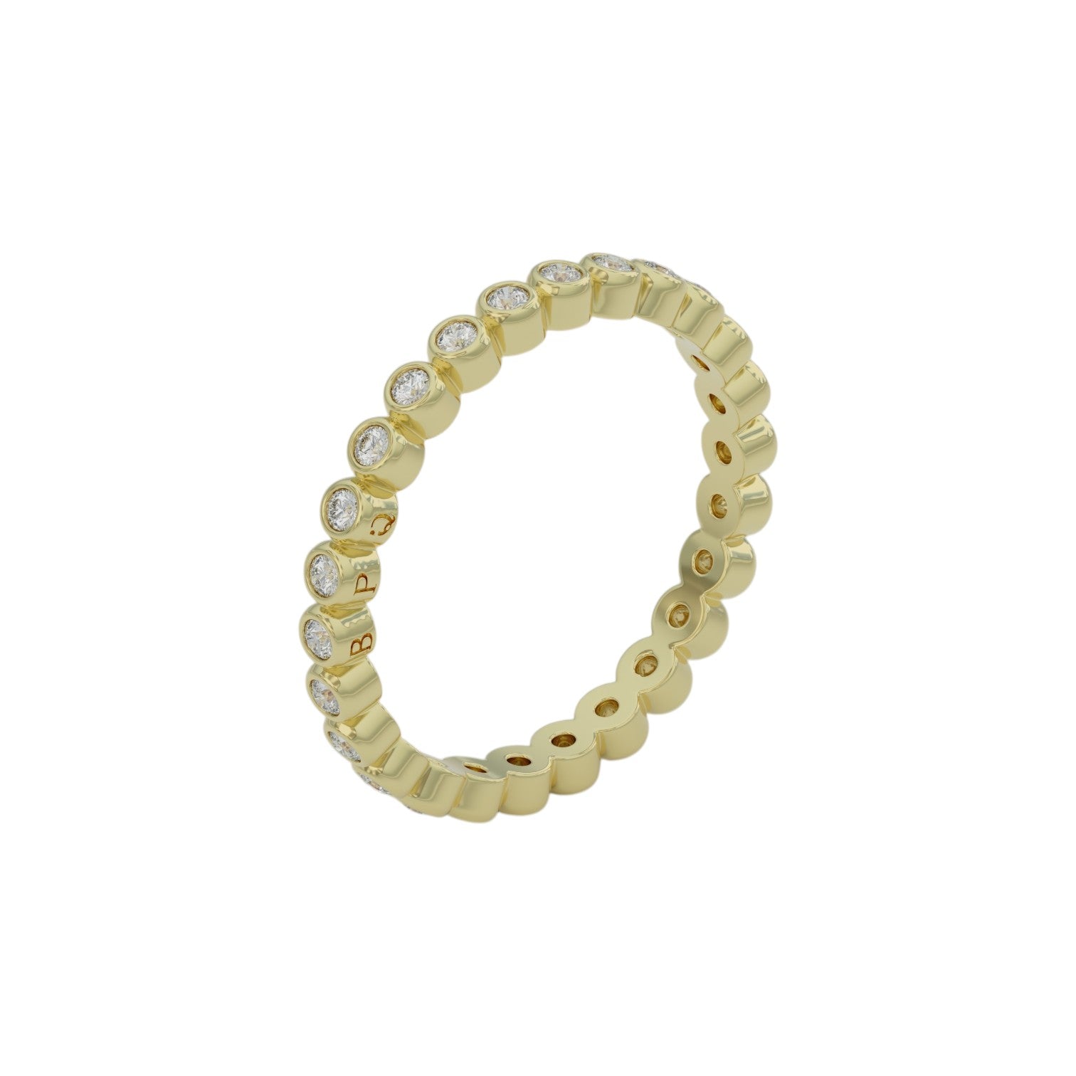 Side view of 1.5mm bezel-set diamond wedding band in 14K yellow gold, full eternity design