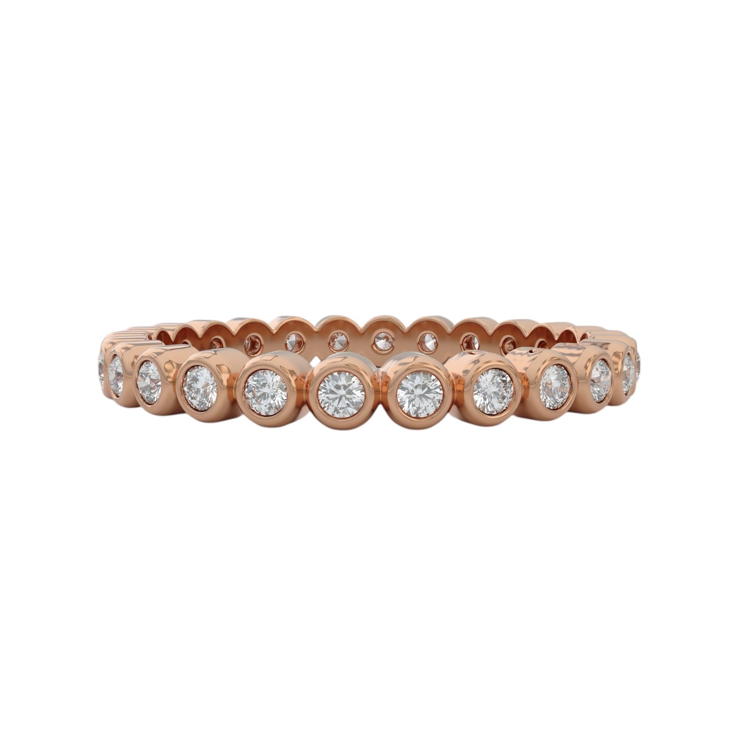 1.5mm bezel diamond wedding band in 14K rose gold with full circle design