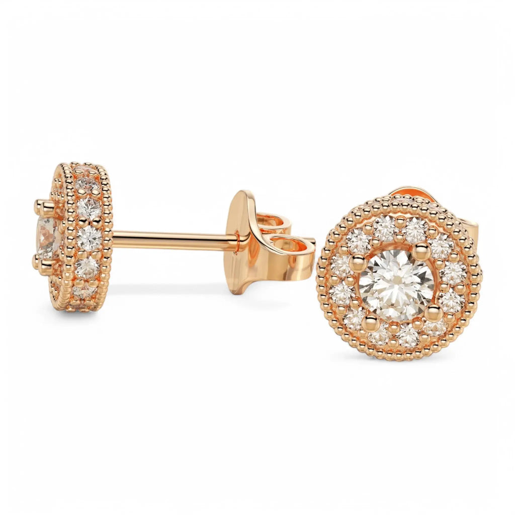 Side view of Elysian Halo diamond studs in 14K white gold – Dimitrios Creations