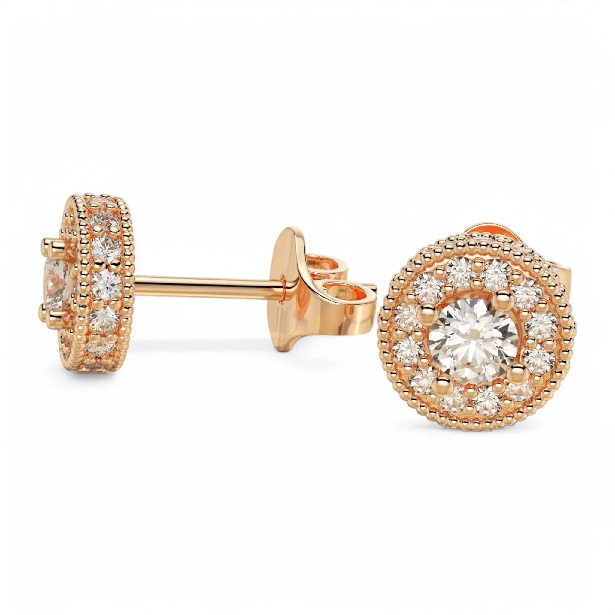 Side view of Elysian Halo diamond studs in 14K white gold – Dimitrios Creations