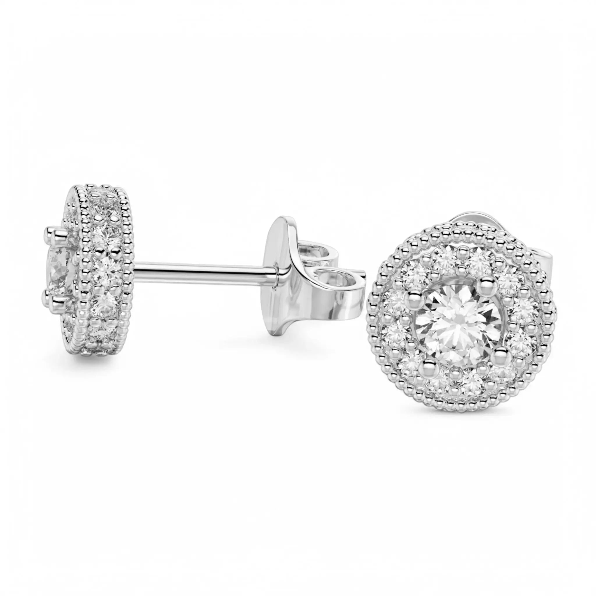 Close-up of 14K rose gold Elysian diamond studs with halo setting – Dimitrios Creations