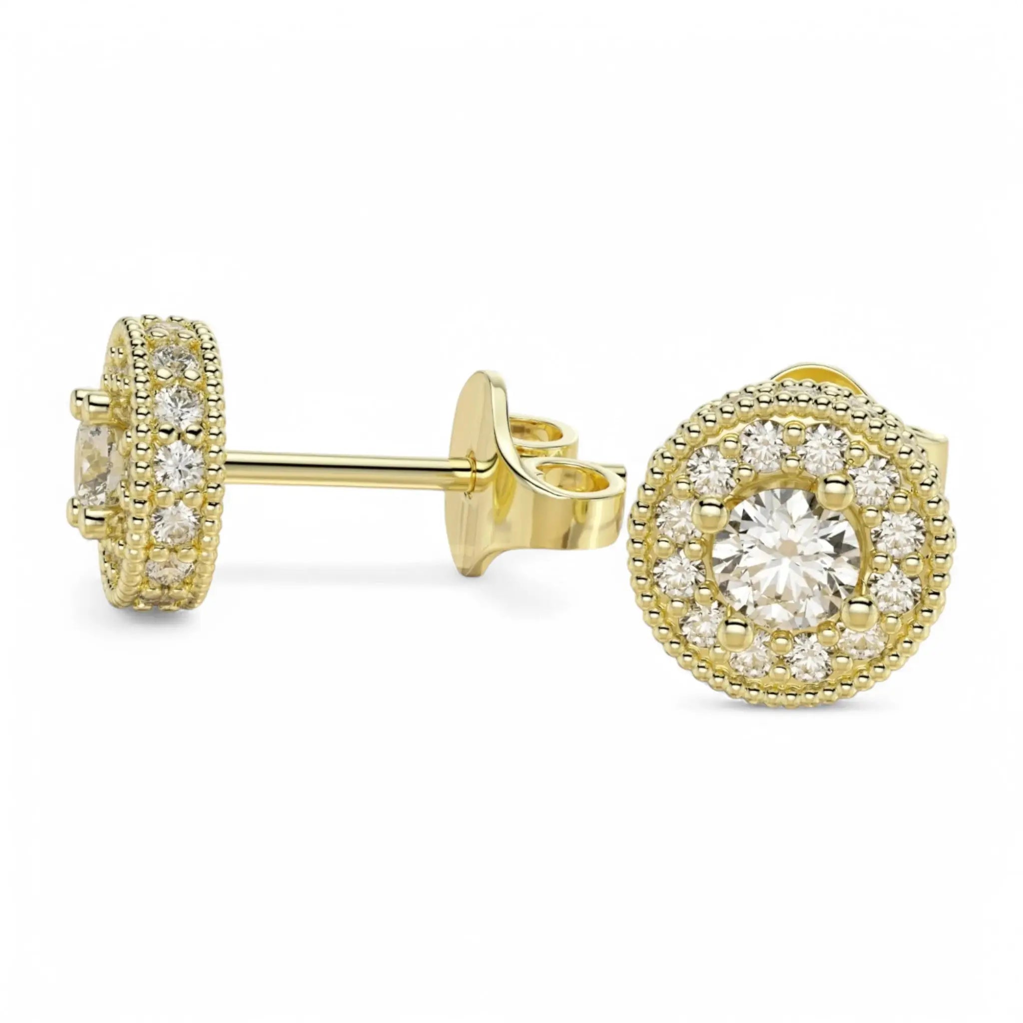 14K yellow gold halo diamond earrings with round VS lab-grown diamonds – Dimitrios Creations