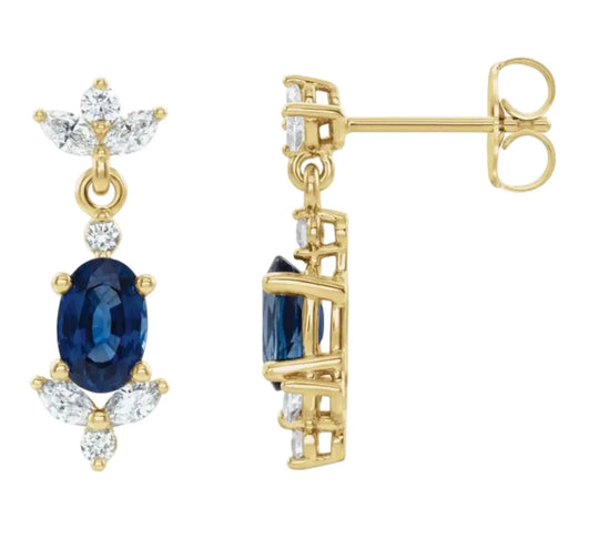 14K gold blue sapphire and diamond dangle earrings for elegant looks