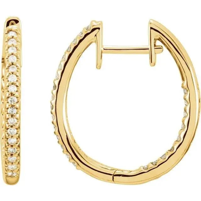 Pair of 14K gold hoop earrings set with 0.25 CTW VS lab-grown diamonds, 20 mm diameter, handcrafted in NYC.