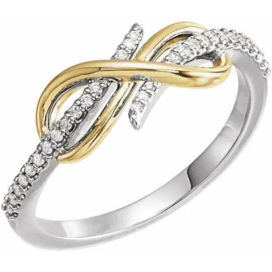 Luxurious 14K gold diamond infinity knot ring with a two-tone gold and silver design. Custom-made jewelry symbolizing eternal love for women.