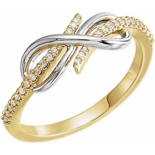 Stunning 14K gold diamond infinity knot ring with a yellow gold and silver mix. A high-end custom jewelry piece for her.