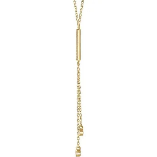 Close-up of Y-shaped diamond lariat necklace in 14K gold