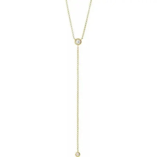 Close-up photo of 1.5ct diamond Y necklace in 14K gold, handcrafted in NYC.