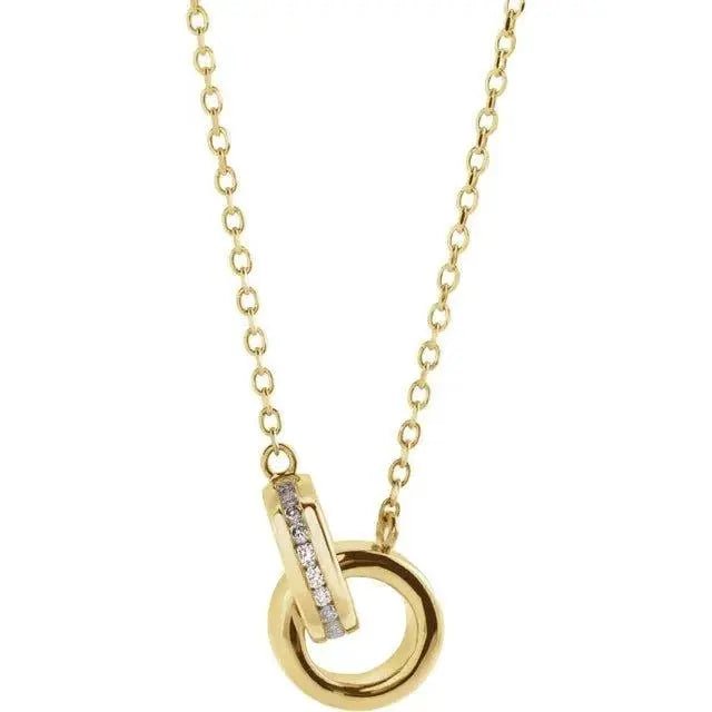 Close-up photo of 14K gold interlocking circle necklace with channel-set diamonds, handcrafted in NYC.
