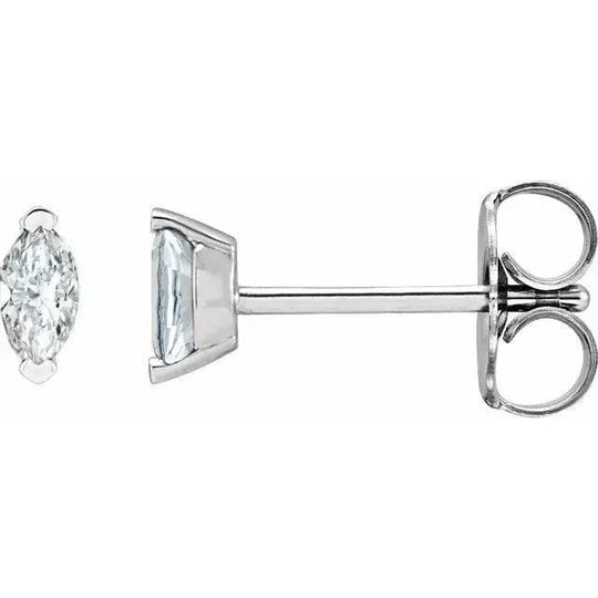 14k gold marquise diamond stud earrings in white gold with natural diamonds.