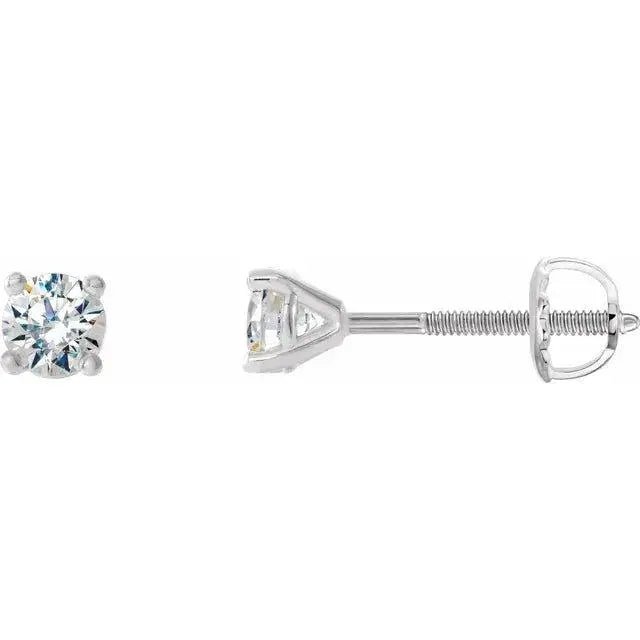 Close-up photo of 14K gold martini diamond stud earrings with natural diamonds set in martini prongs, handcrafted in NYC.