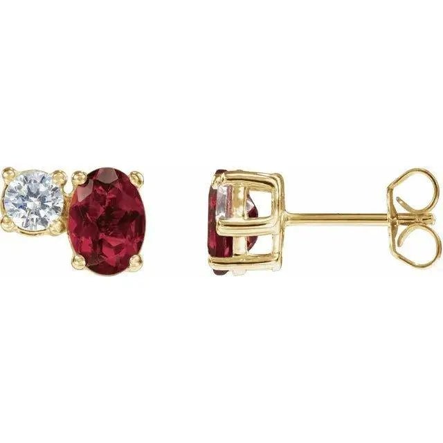 14K gold oval ruby earrings with diamonds for elegant looks