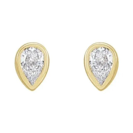 Close-up of gold earrings featuring bezel-set pear diamonds