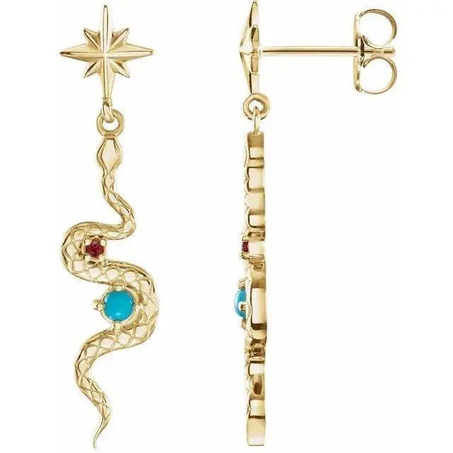 Pair of gold snake earrings with intricate serpent motif, handcrafted in NYC.