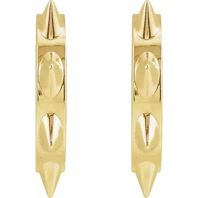 Side view of 14K gold spike stud earrings showcasing intricate spike details along the hoop. A unique and modern accessory for edgy fashion lovers.