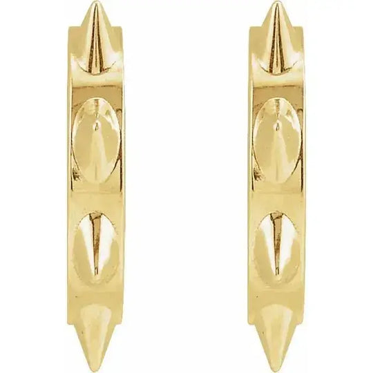 Side view of 14K gold spike stud earrings showcasing intricate spike details along the hoop. A unique and modern accessory for edgy fashion lovers.