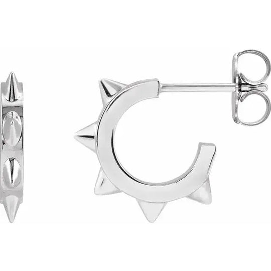 14K white gold spike stud earrings with a sleek and modern hoop design, featuring sharp spike accents. A stylish choice for contemporary jewelry lovers.