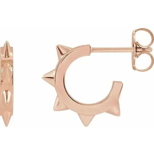 14K rose gold spike stud earrings with a bold and edgy hoop design, adorned with sharp spike details. A perfect accessory for modern fashion enthusiasts.