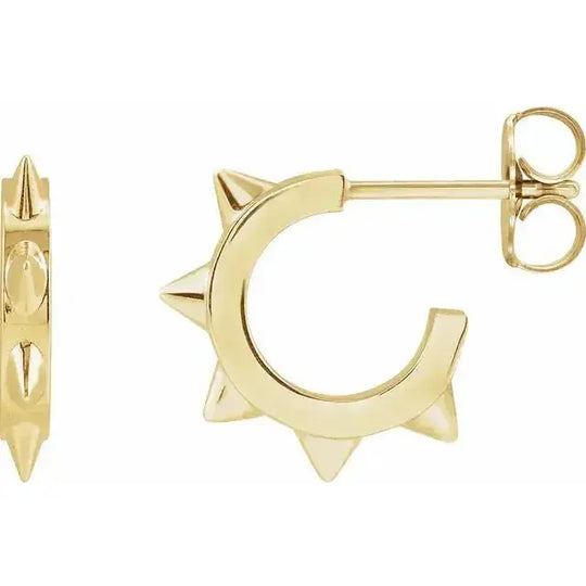 14K gold spike stud earrings with an edgy modern hoop design, featuring sharp spike details for a bold statement. Perfect for contemporary fashion styles.