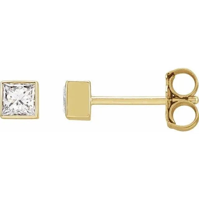 14K gold square diamond bezel stud earrings with princess cut diamonds