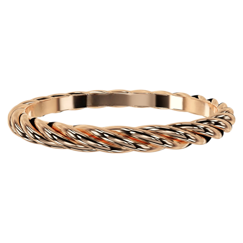 Close-up of 14K rose gold rope ring surface, elegant symbol of resilience