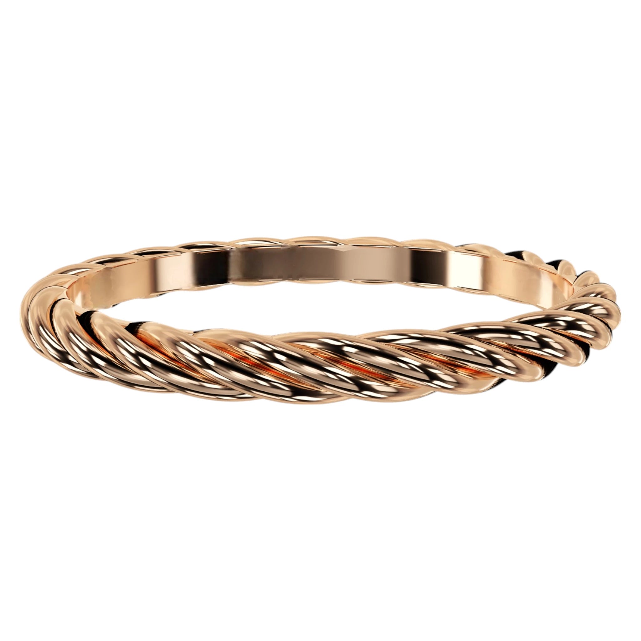Close-up of 14K rose gold rope ring surface, elegant symbol of resilience