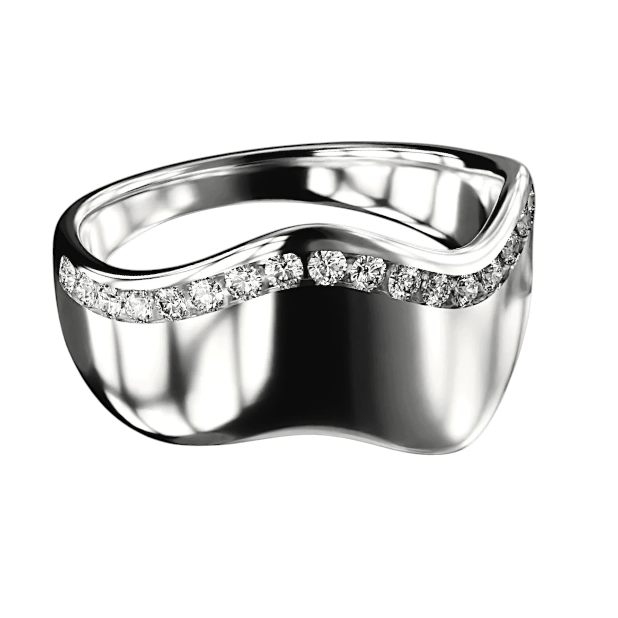 White gold Eros Wave 12 mm statement ring with VS lab diamonds by Dimitrios Creations