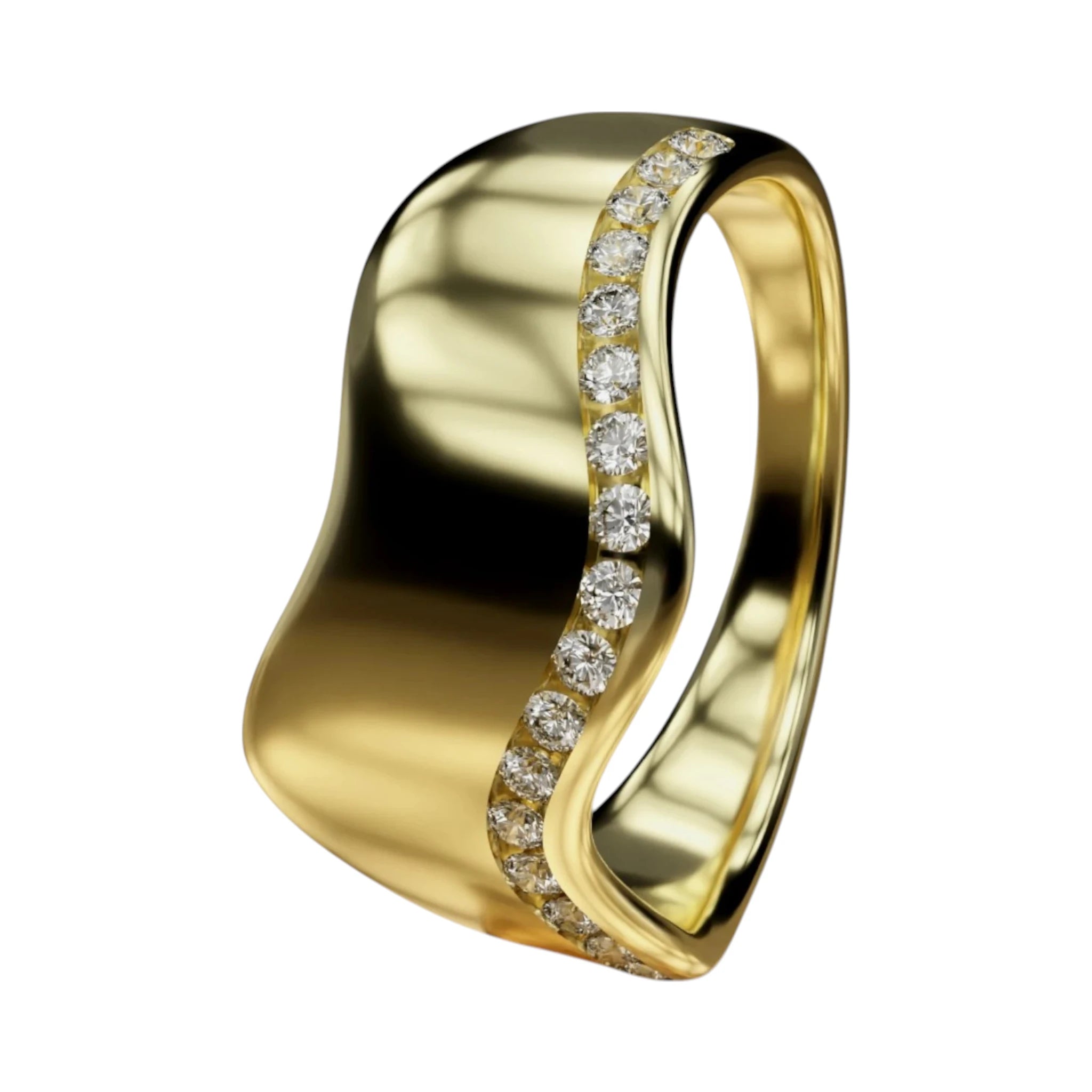 Side view of Eros Wave 14K gold diamond ring showing channel-set VS stones by Dimitrios Creations