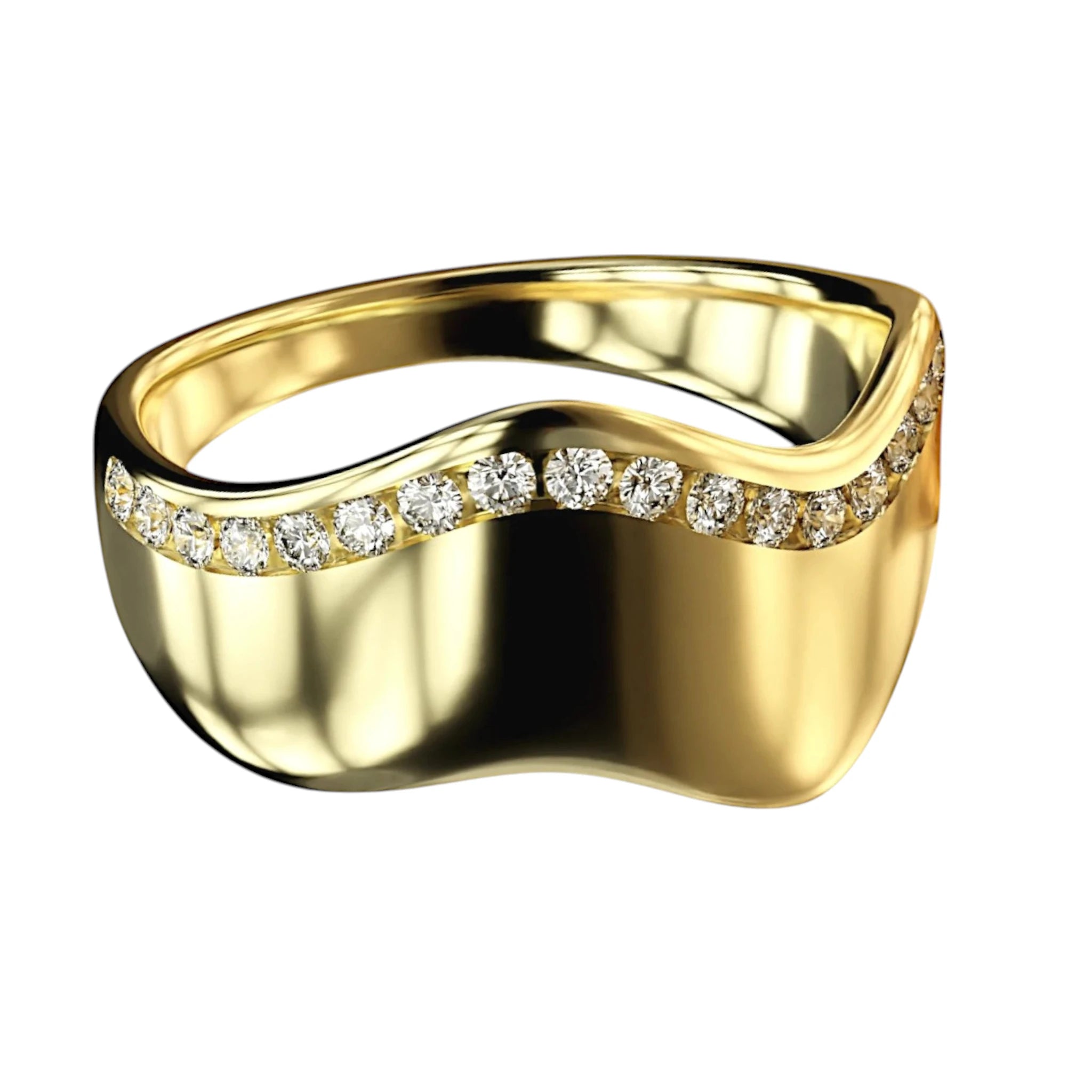 Close-up photo of 14K gold wave diamond ring featuring natural diamonds, handcrafted in NYC.