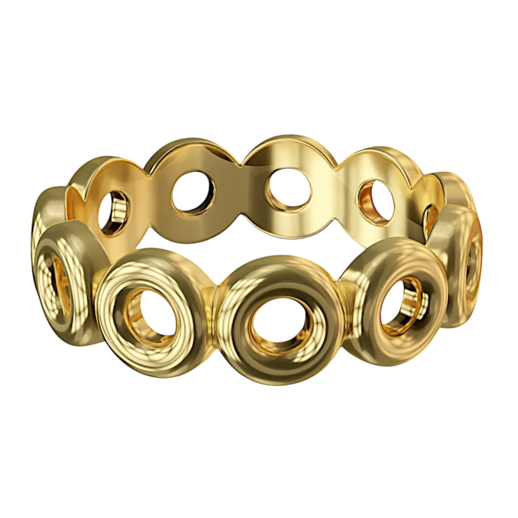 Side view of a polished 14K gold circle wedding band with comfort fit, handcrafted in New York.