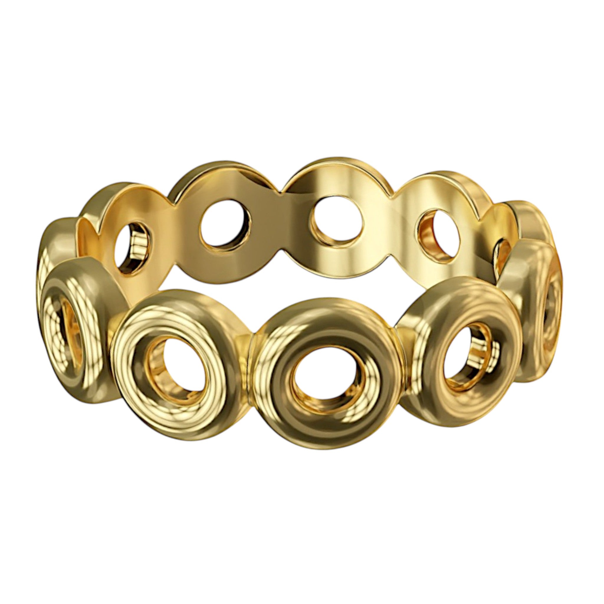 Side view of a polished 14K gold circle wedding band with comfort fit, handcrafted in New York.