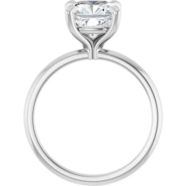 Cushion cut diamond ring profile view showing setting details