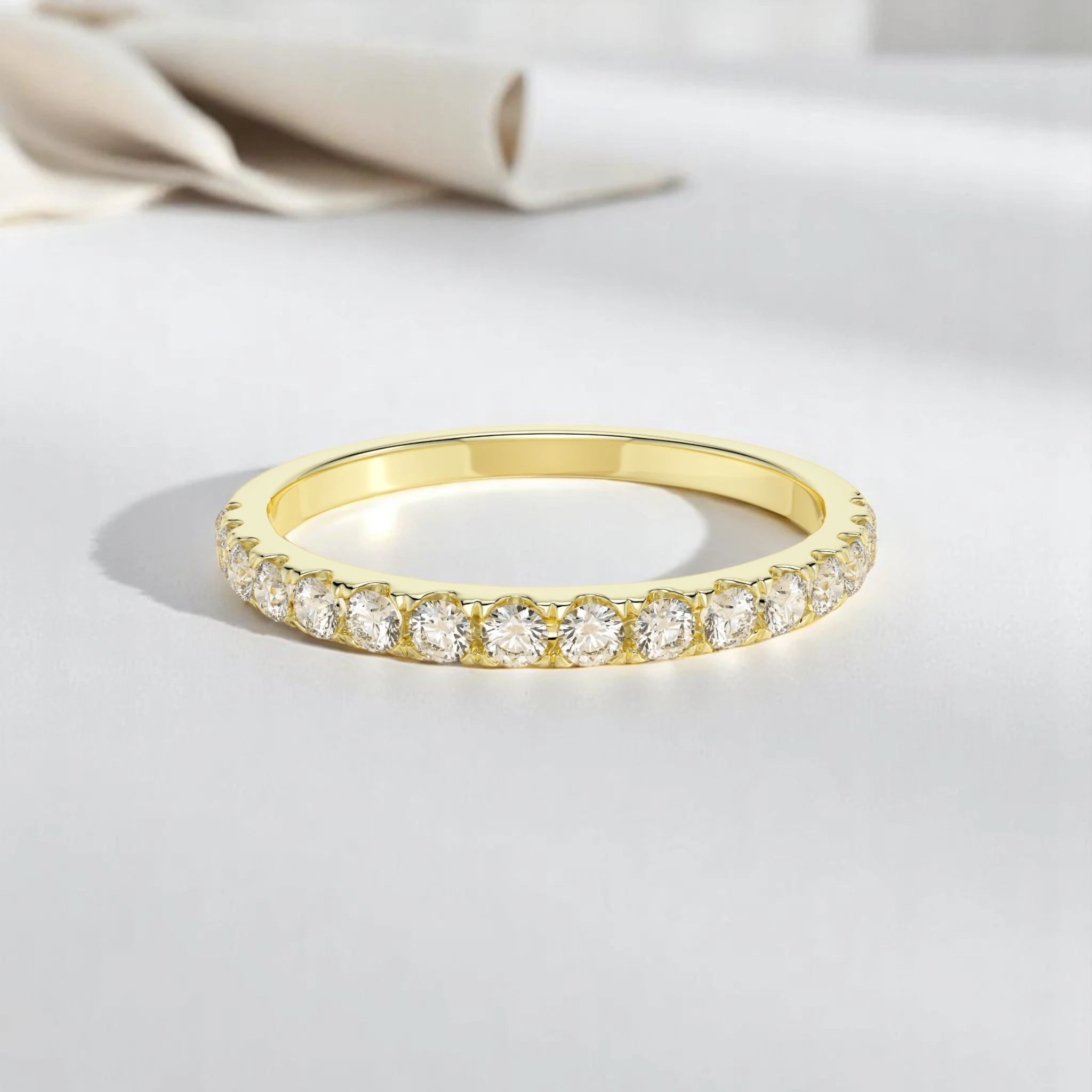 14K yellow gold pave diamond wedding band with 16 round diamonds