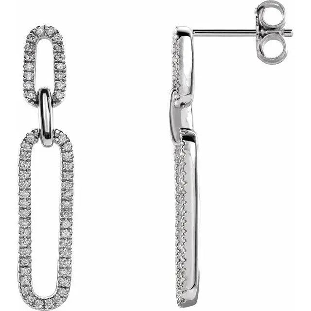 Contemporary diamond paperclip drop earrings in white gold – lightweight and stylish.