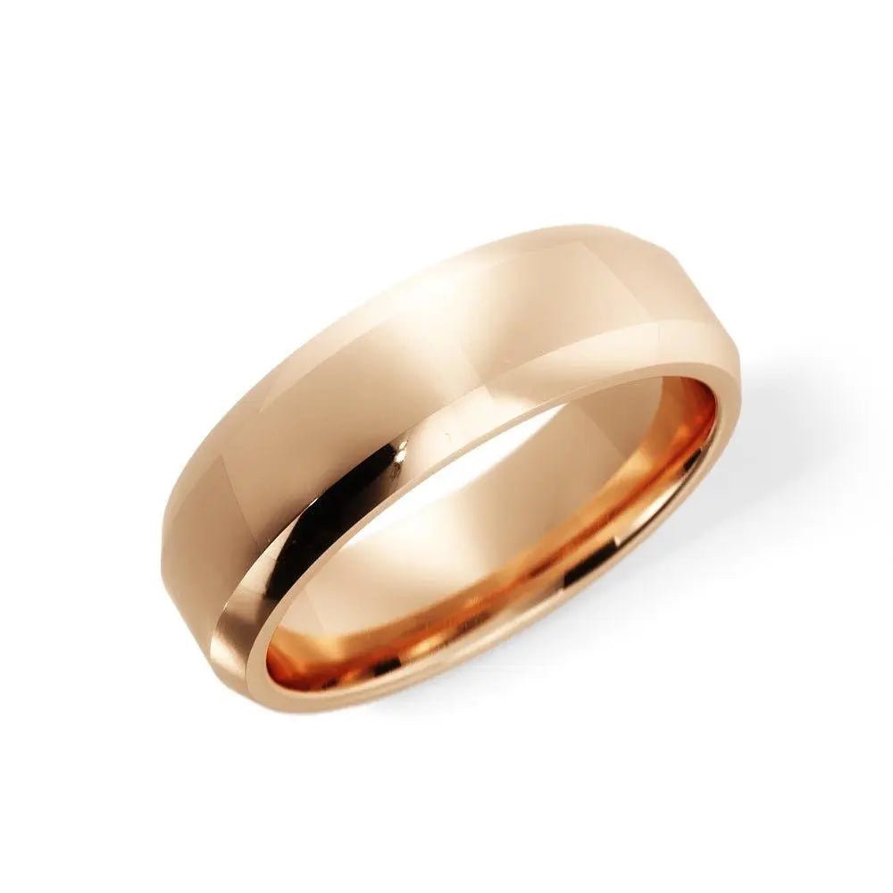 Beveled edge gold wedding ring for men and women.