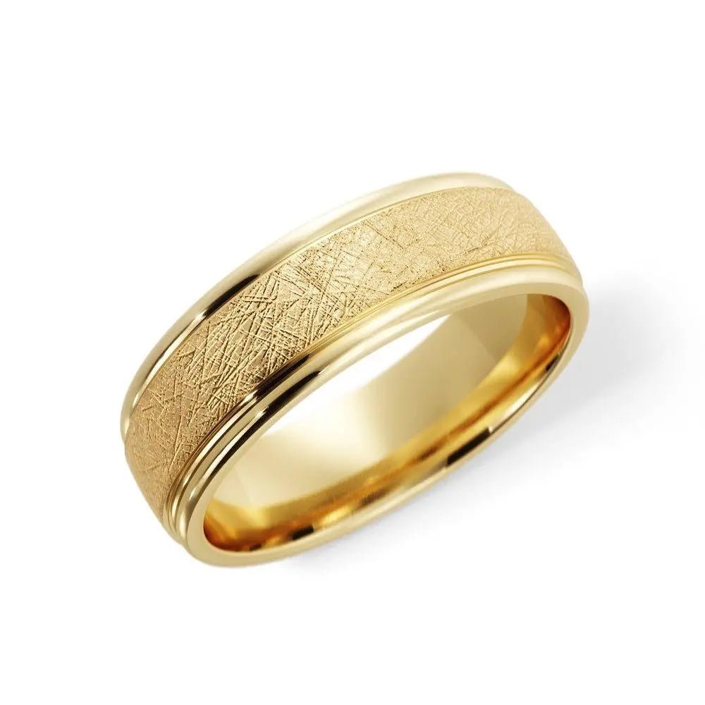 10K yellow gold 5mm wedding band with cross satin finish and bump edge – front view.