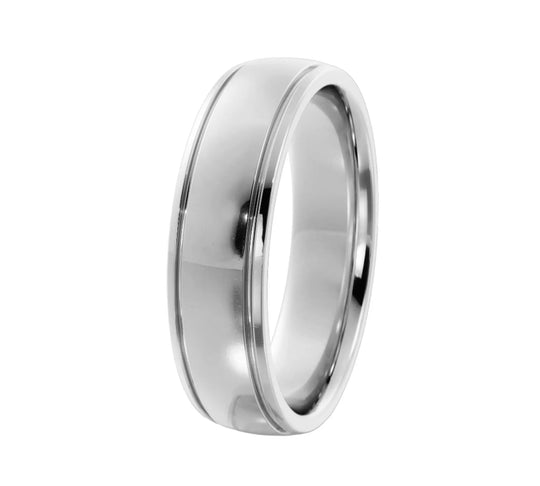 Men's and women's silver wedding band with comfort fit and groove edge detailing