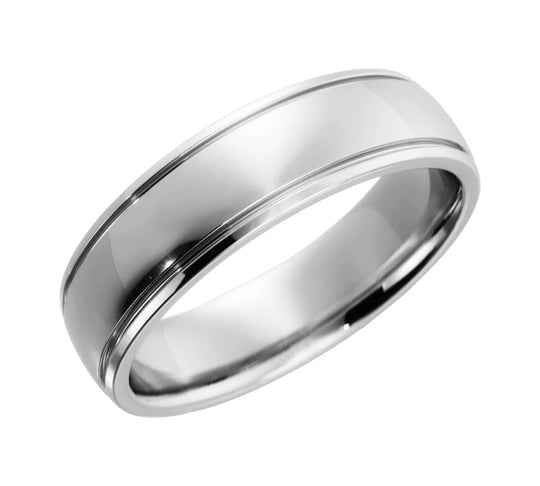 Close-up of groove edge polished gold wedding ring with comfort fit design.