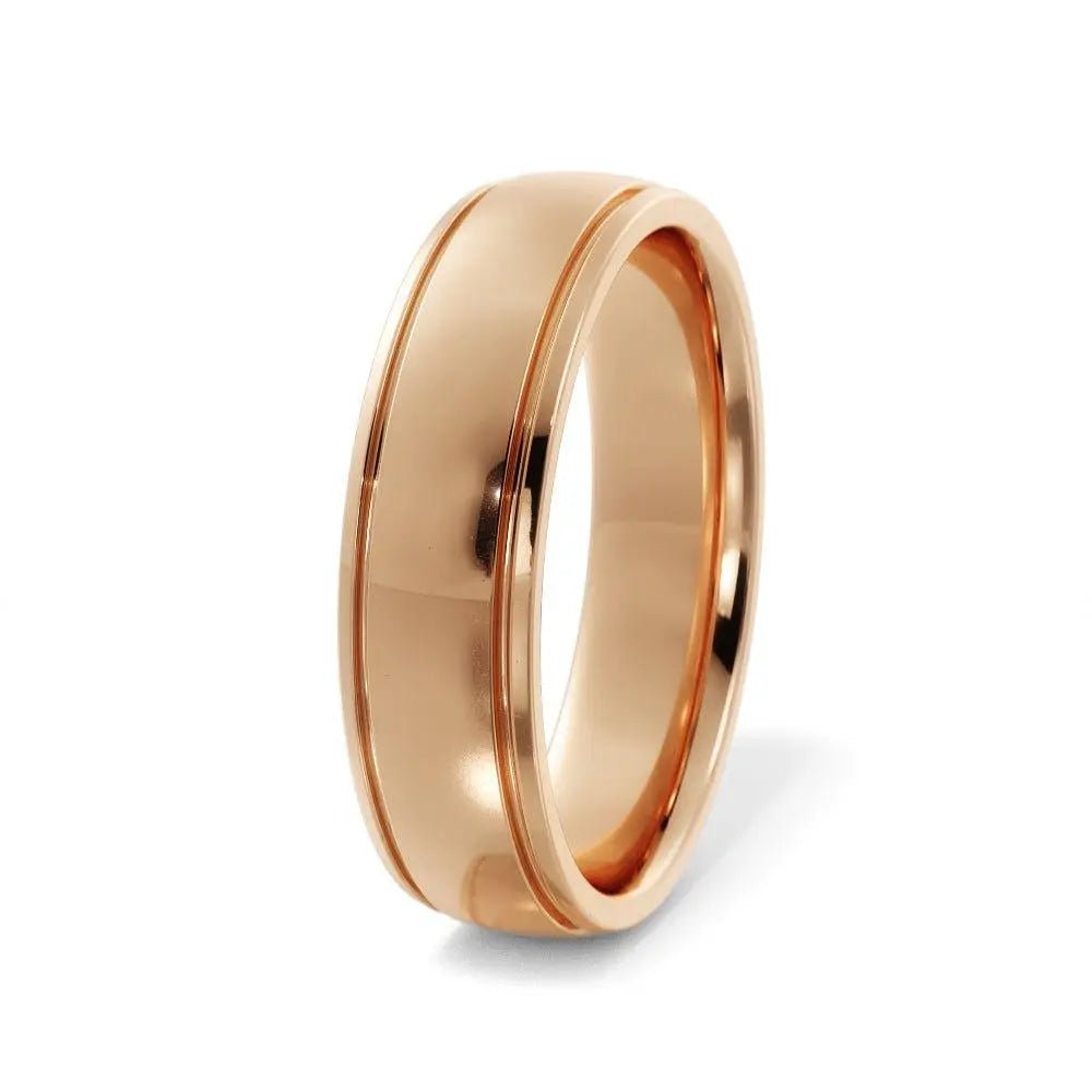 Affordable polished groove edge gold wedding band in 14K rose gold.