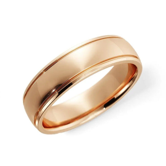 Elegant unisex 5mm gold groove edge wedding band.