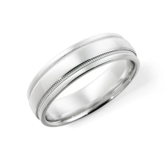 10K white gold milgrain groove cut 5mm wedding ring – sleek polished look.