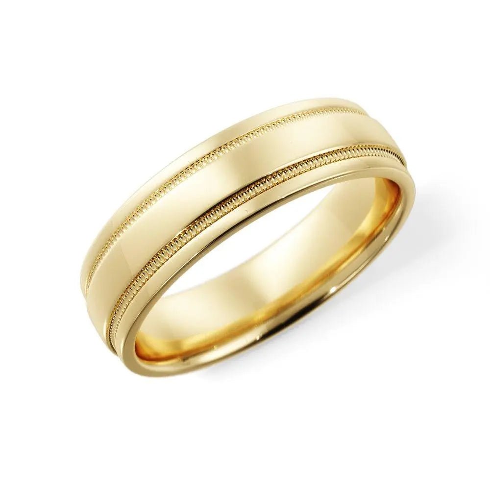 Men’s yellow gold 5mm wedding band with groove detailing and classic design.