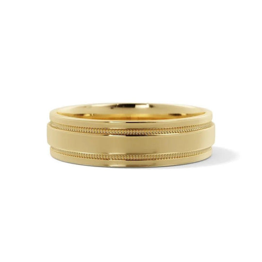 Men’s yellow gold 5mm wedding band with groove detailing and classic design.