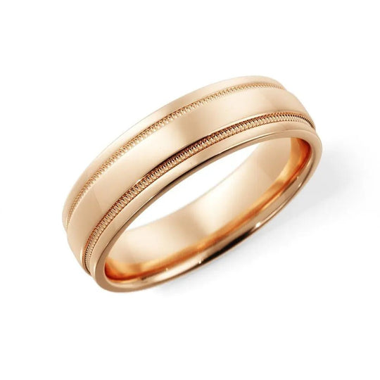 10K rose gold 5mm wedding band with milgrain groove cut and polished finish.