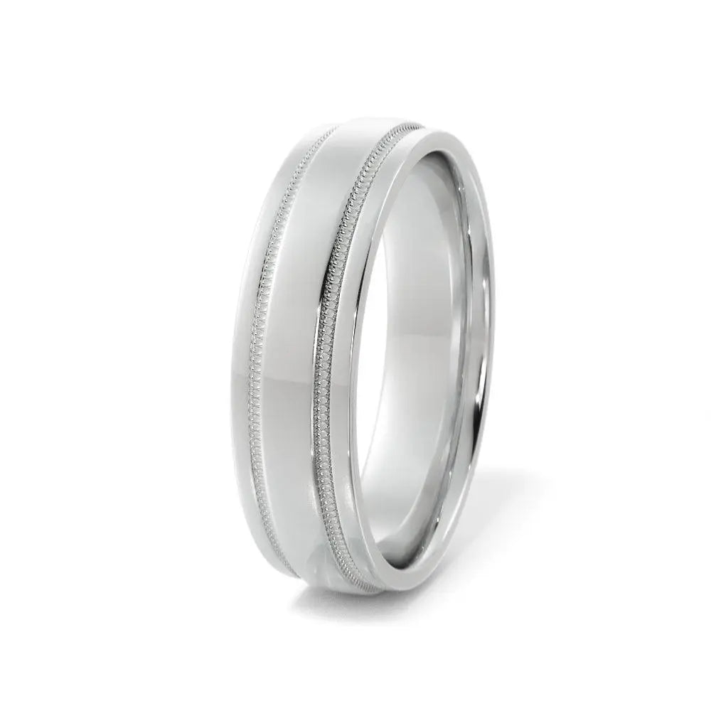 10K white gold milgrain groove cut 5mm wedding ring – sleek polished look.