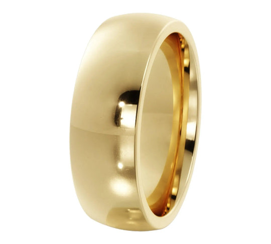 Sleek and minimalist polished gold wedding ring in yellow gold, 5mm width.