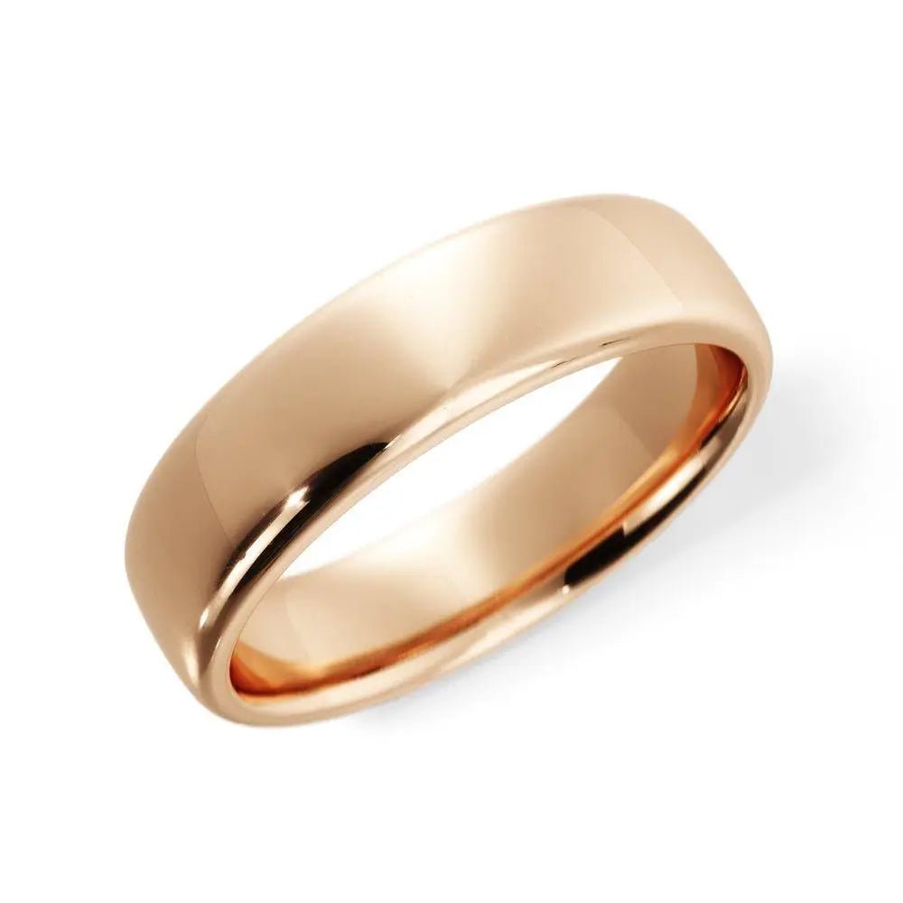 14k rose gold 5mm rounded edge wedding band with a polished finish – front view.