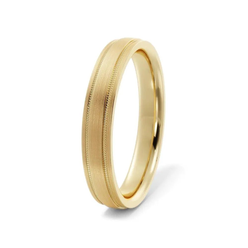 14K yellow gold 5mm wedding band with satin finish and milgrain edges – front view.