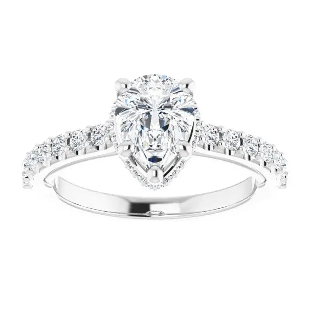 Classic halo pear diamond ring with radiant halo design