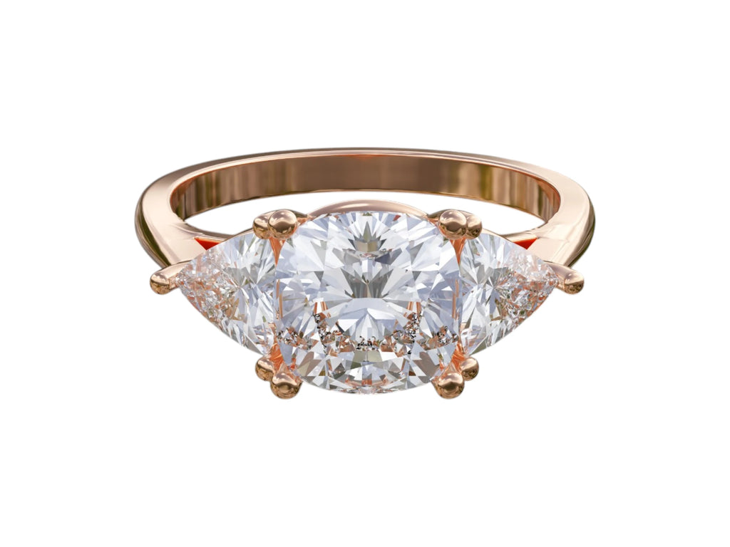 Rose gold cushion and trillion diamond engagement ring with IGI certified lab-grown diamonds